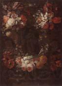 Gaspar Peeter Verbrugghen the younger Still life of a garland of flowers surrounding a niche containing a statue of the immaculate conception Spain oil painting art
